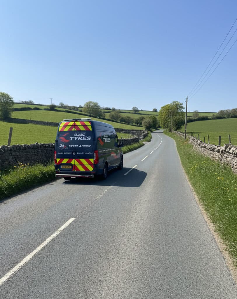 ALT Mobile Tyres van driving through the countryside near Plymouth on a sunny day